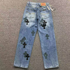Black Leather Cross Patch Denim Jeans™