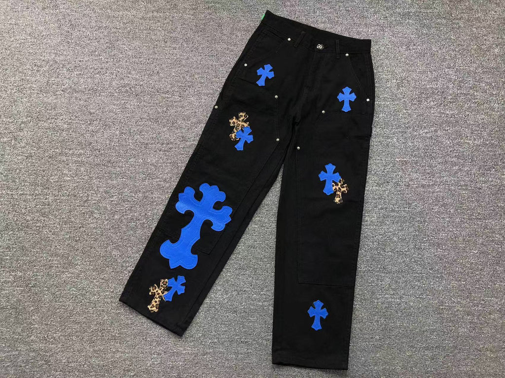 Blue & Leopard Cross Patch Black Carpenter Pants™