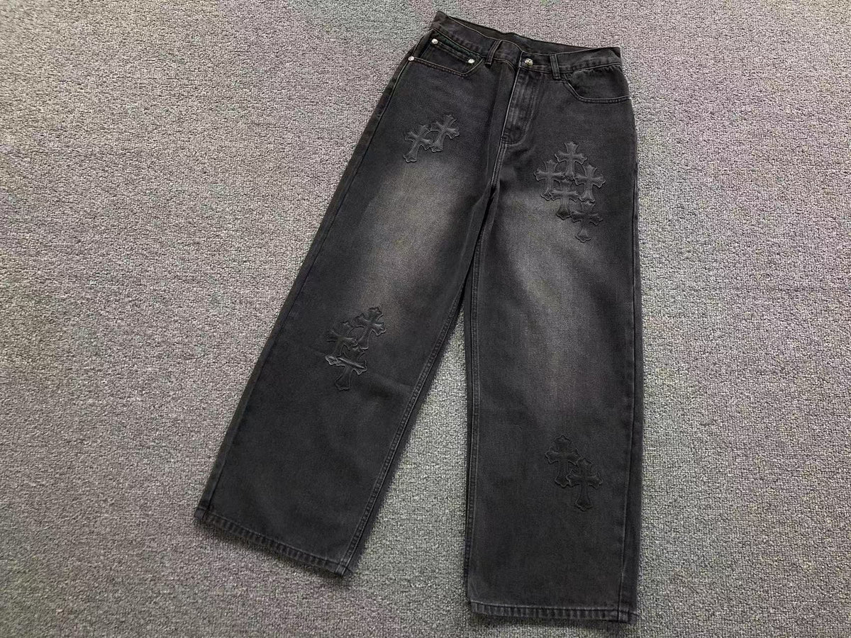 Black Leather Cross Patch Black Baggy Jeans™