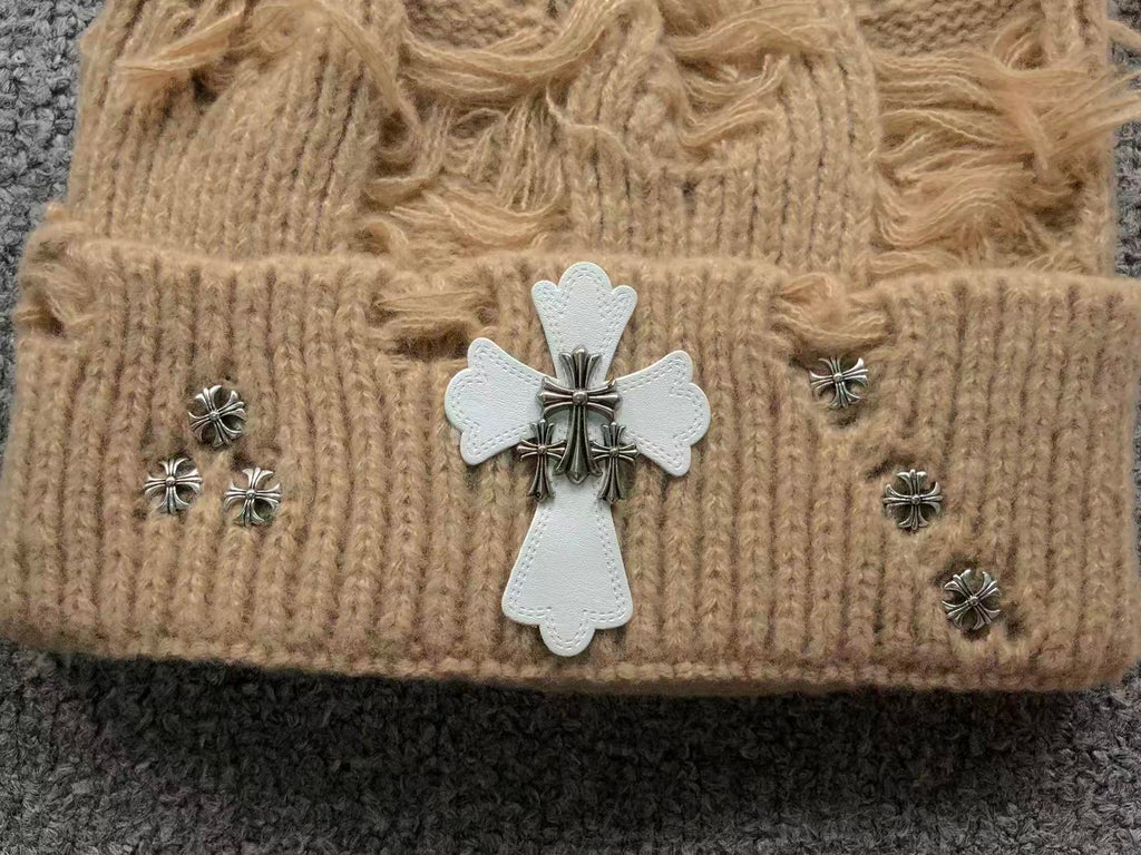 Leather & Metallic Cross Torn Knit Beanie™