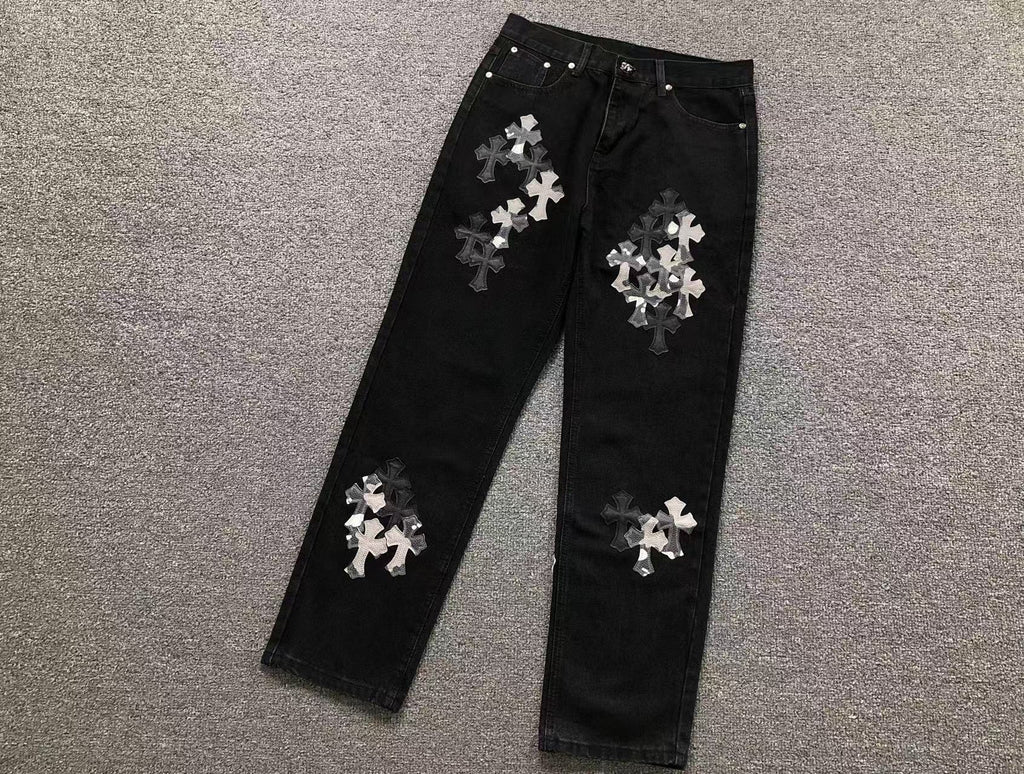 Black White Grey Cross Patch Black Denim Jeans™