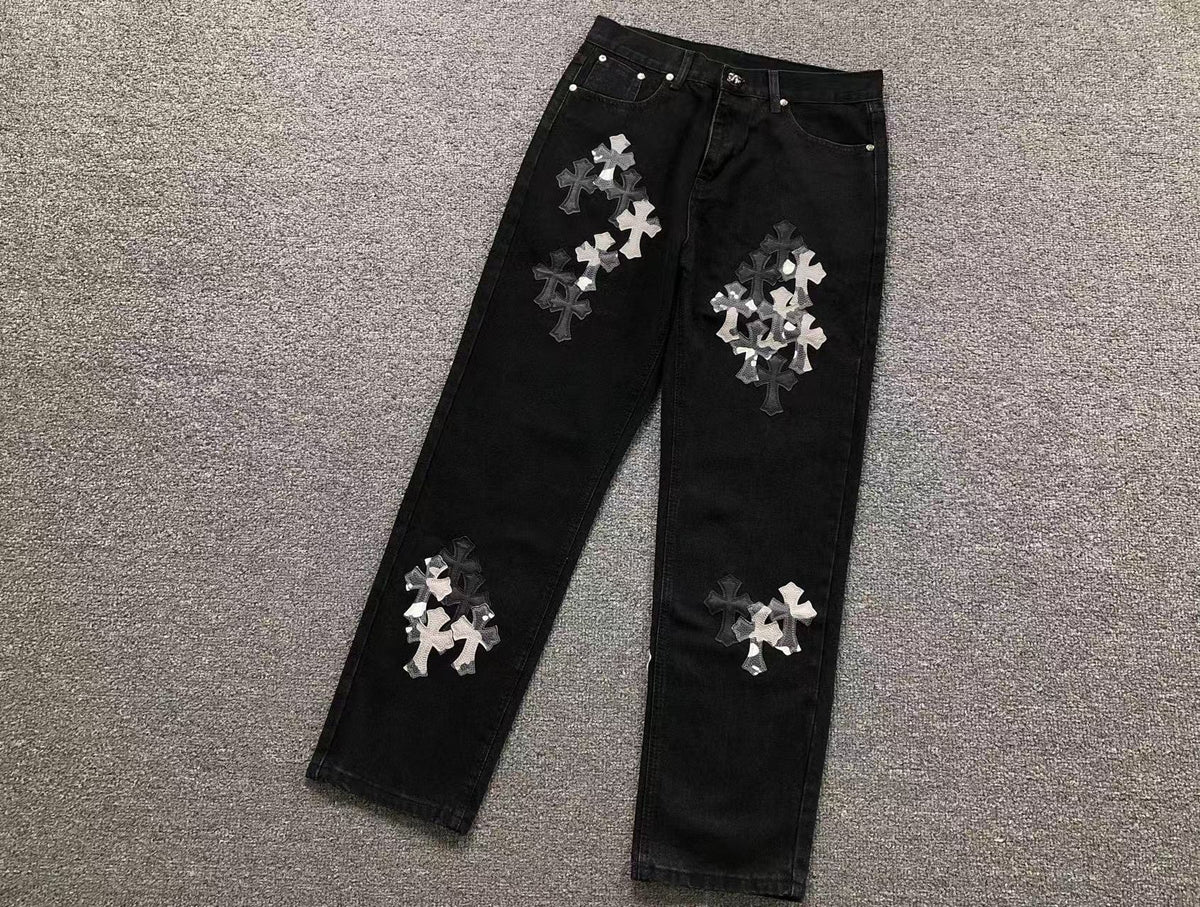 Black White Grey Cross Patch Black Denim Jeans™