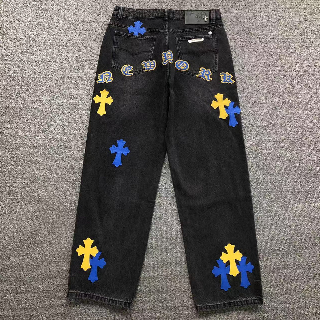 Blue & Yellow Cross Patch Black Jeans™