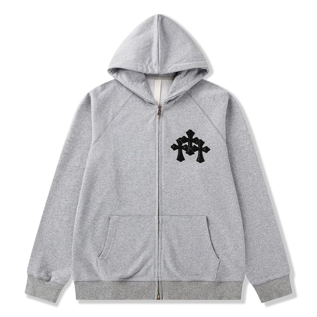 Black Triple Cross Patch Grey Full Zip Hoodie™
