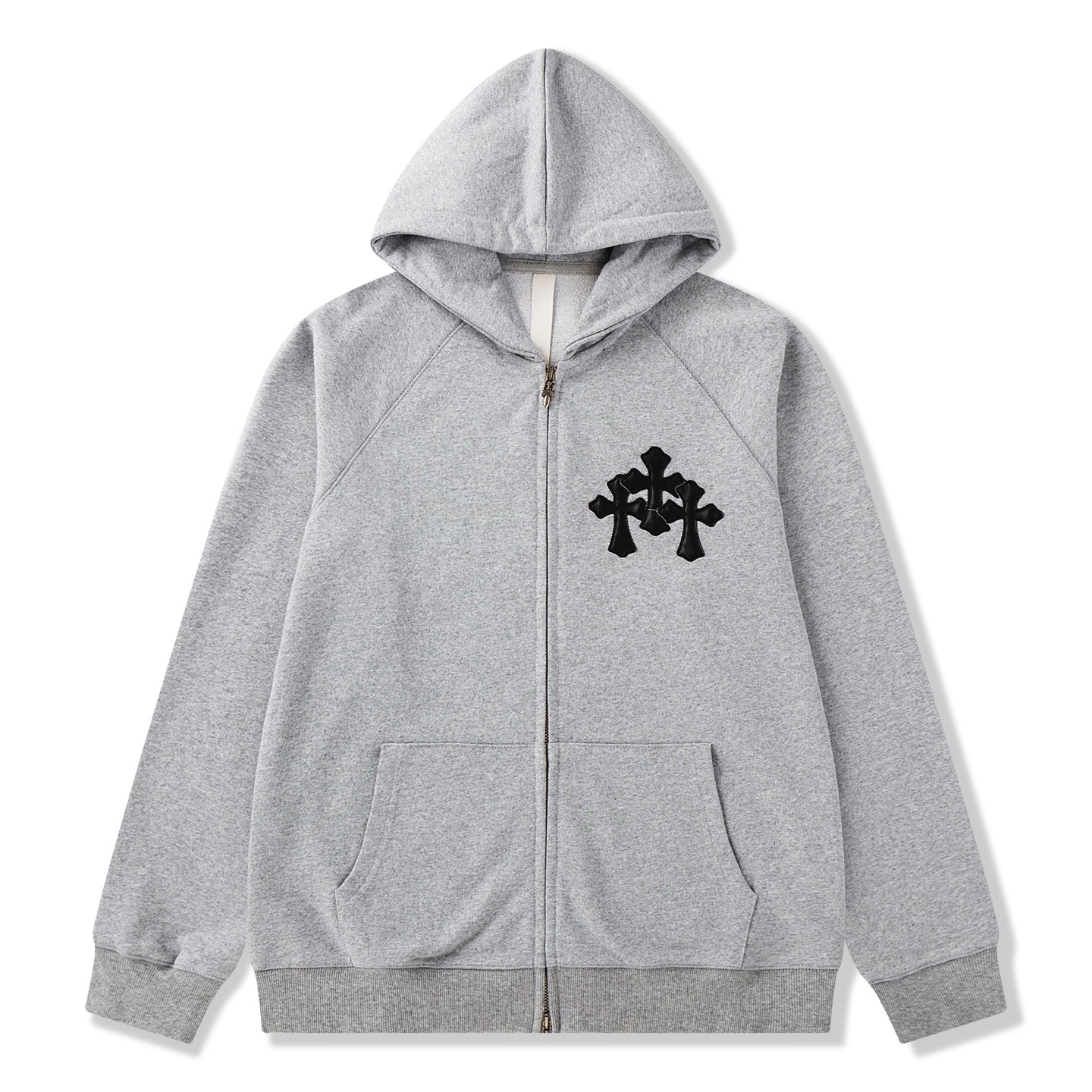 Black Triple Cross Patch Grey Full Zip Hoodie™