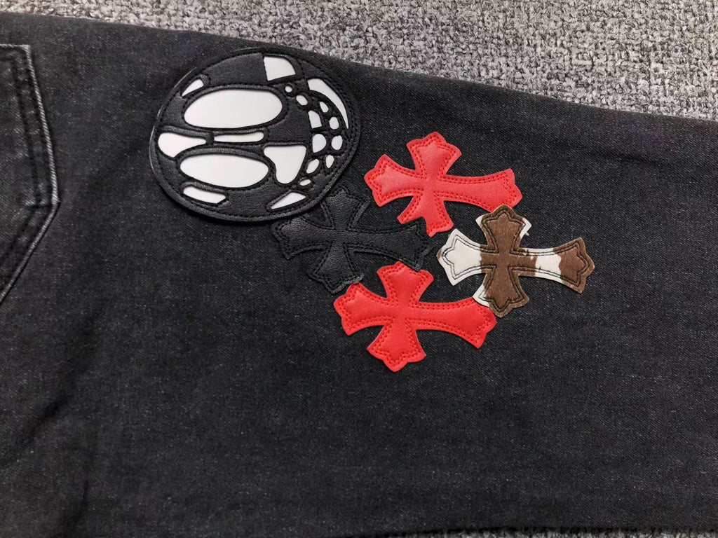 Multicolor Cross & Smiley Patch Grey Denim Jeans™