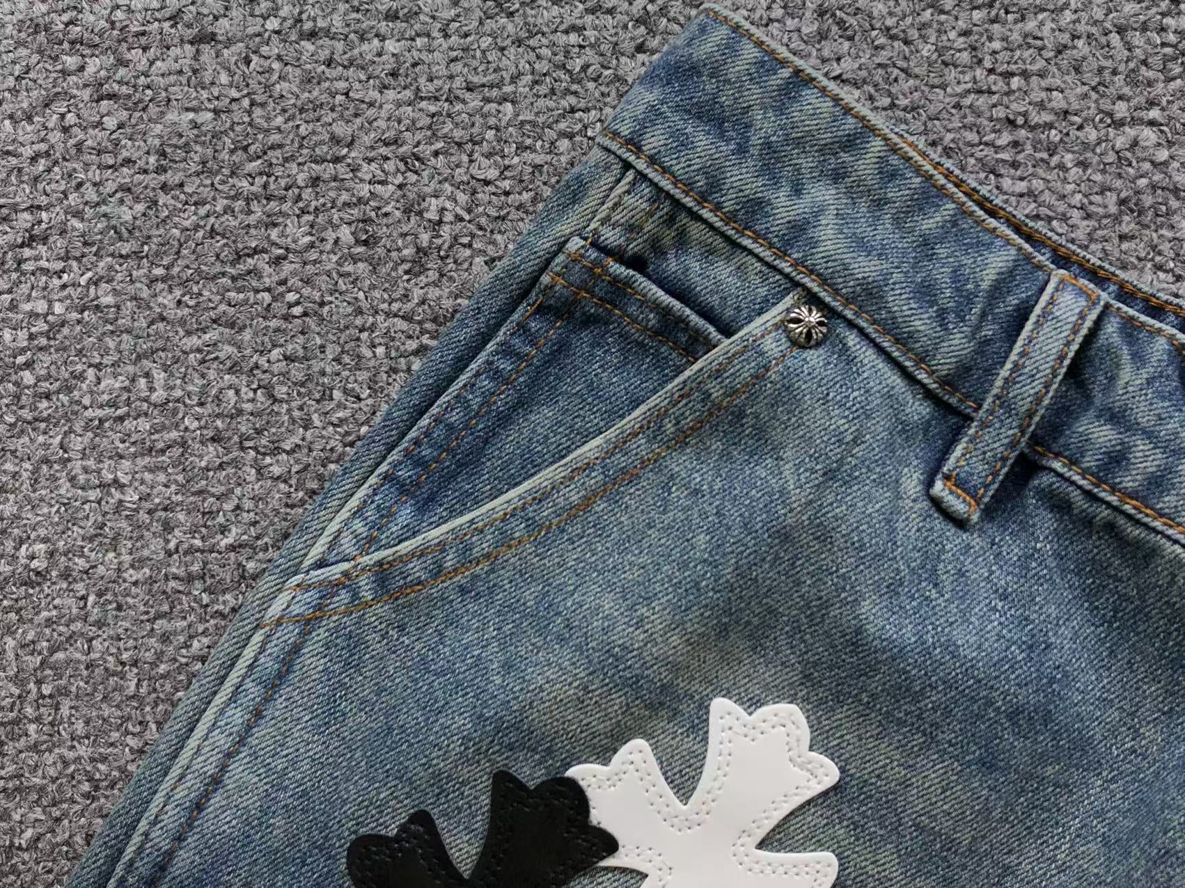 White Blue & Black Cross Patch Faded Denim Carpenter Jeans™