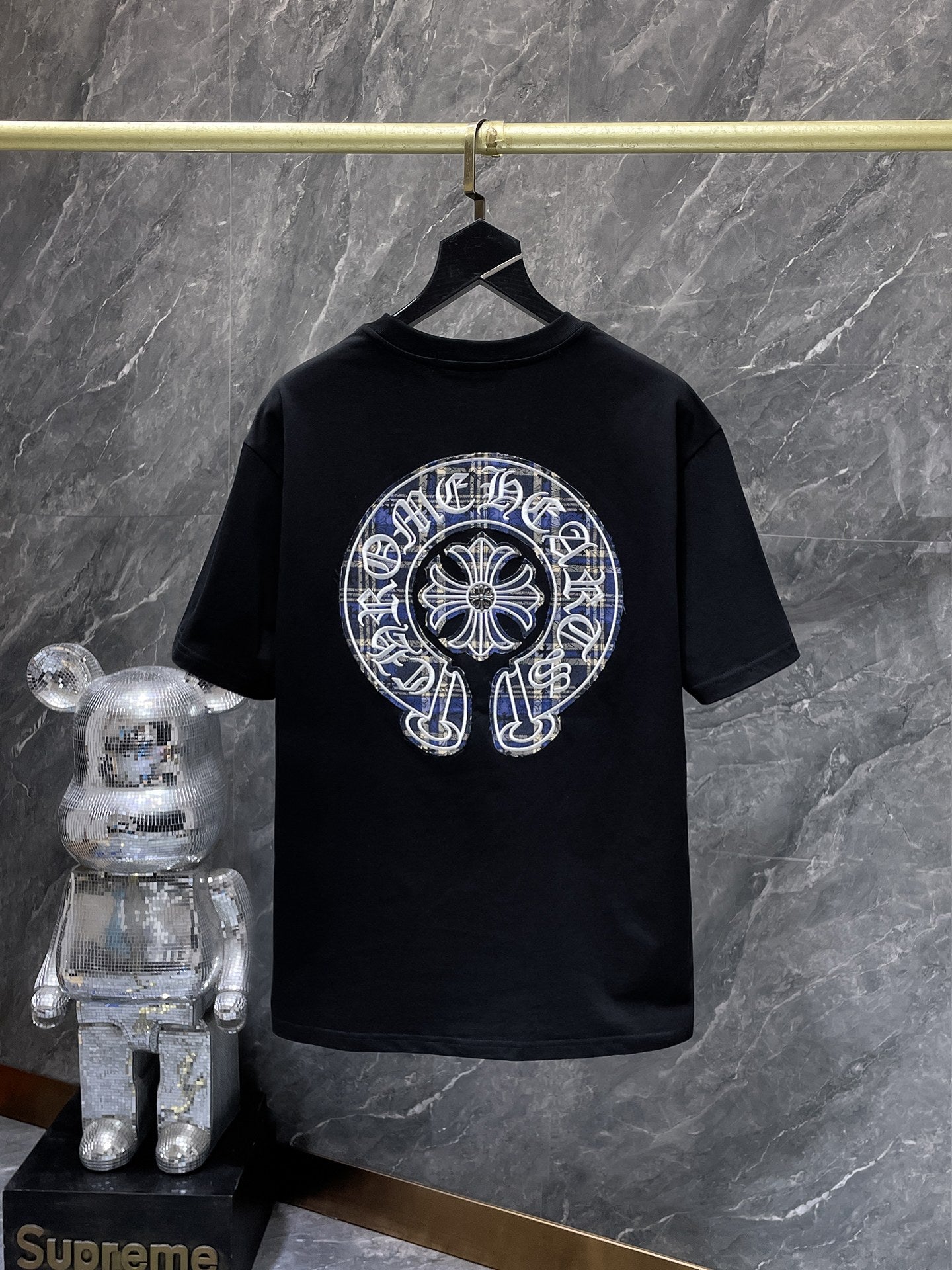 Blue Plaid Horseshoe Black T-Shirt™