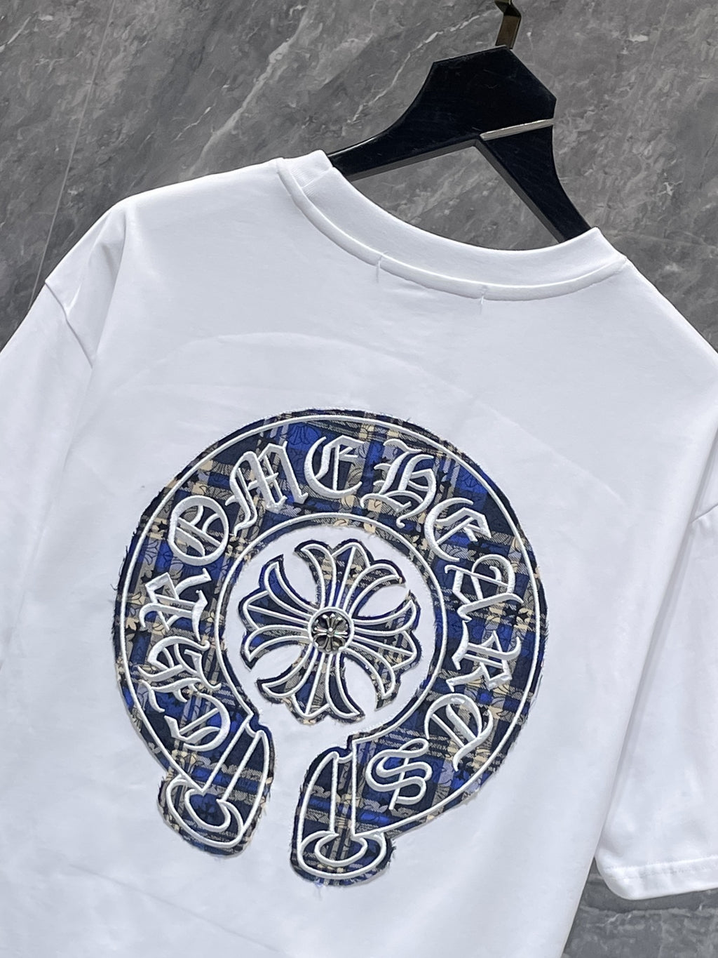 Blue Plaid Horseshoe White T-Shirt™