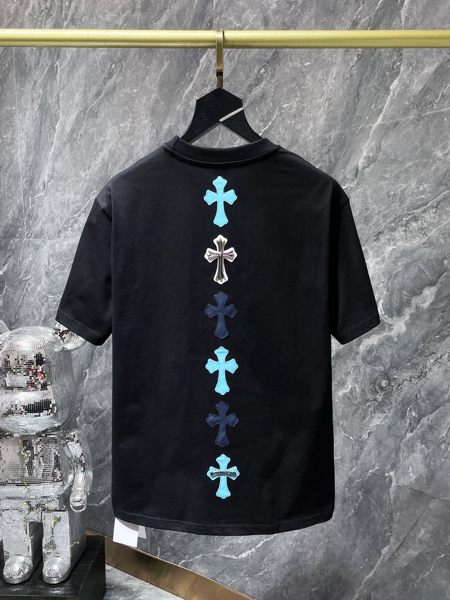 Blue Vertical Cross Patch Black T-Shirt™