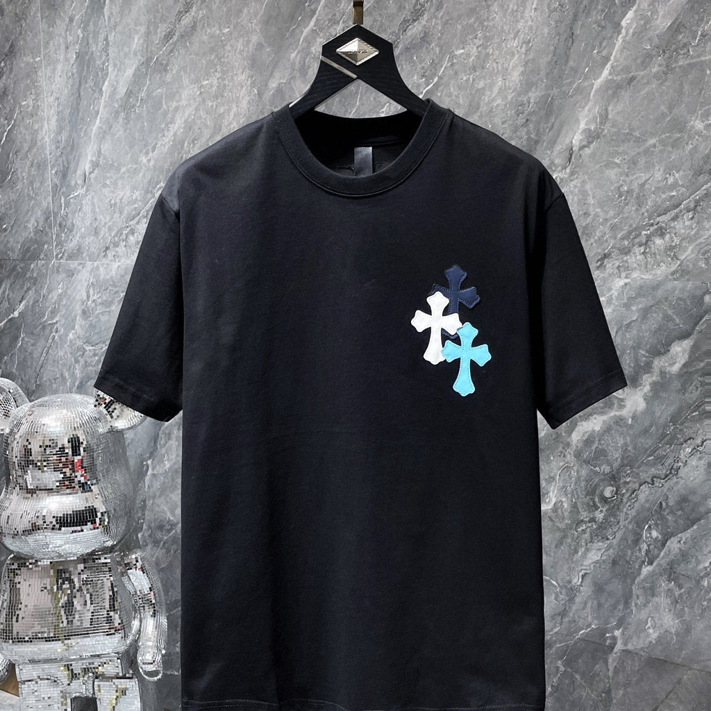 Blue Vertical Cross Patch Black T-Shirt™