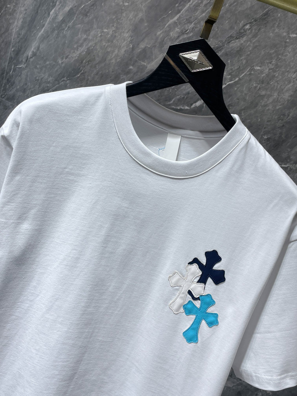 Blue Vertical Cross Patch White T-Shirt™