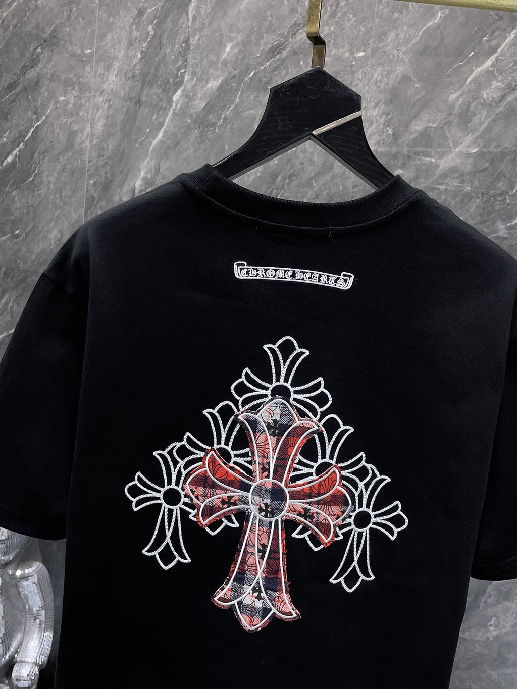 Red Plaid Layered Cross Black T-Shirt™