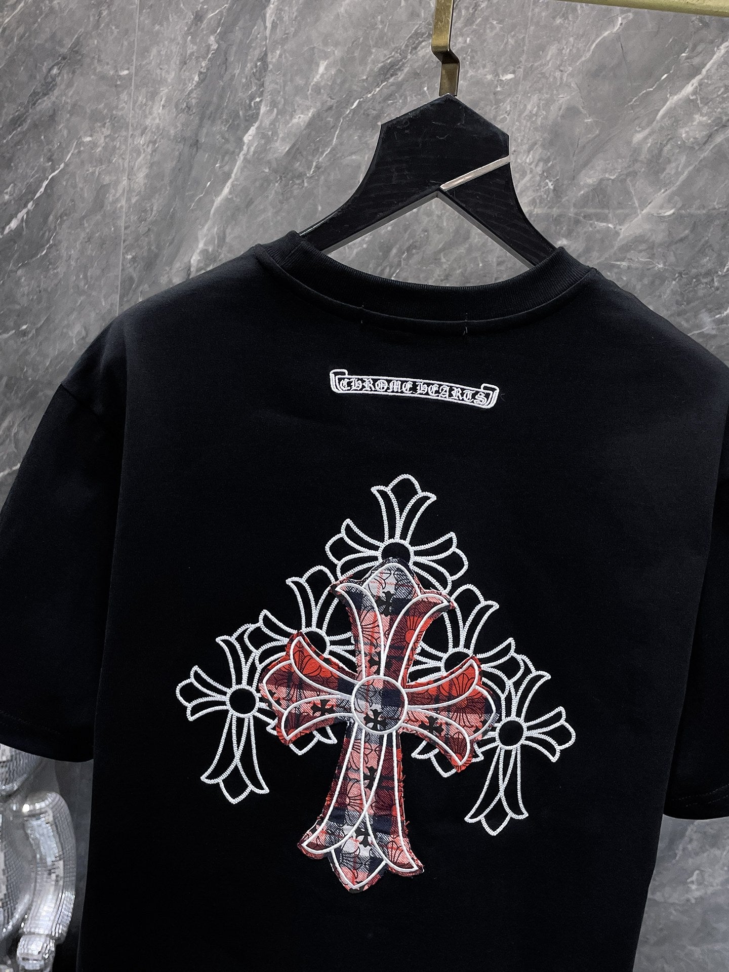 Red Plaid Layered Cross Black T-Shirt™