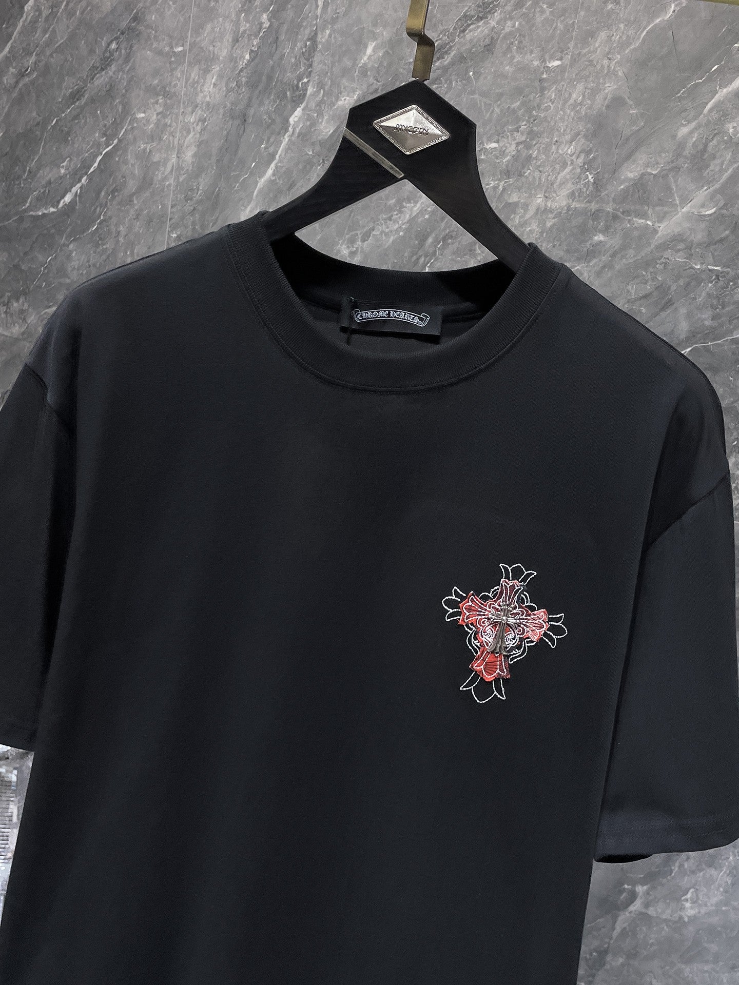 Red Plaid Layered Cross Black T-Shirt™