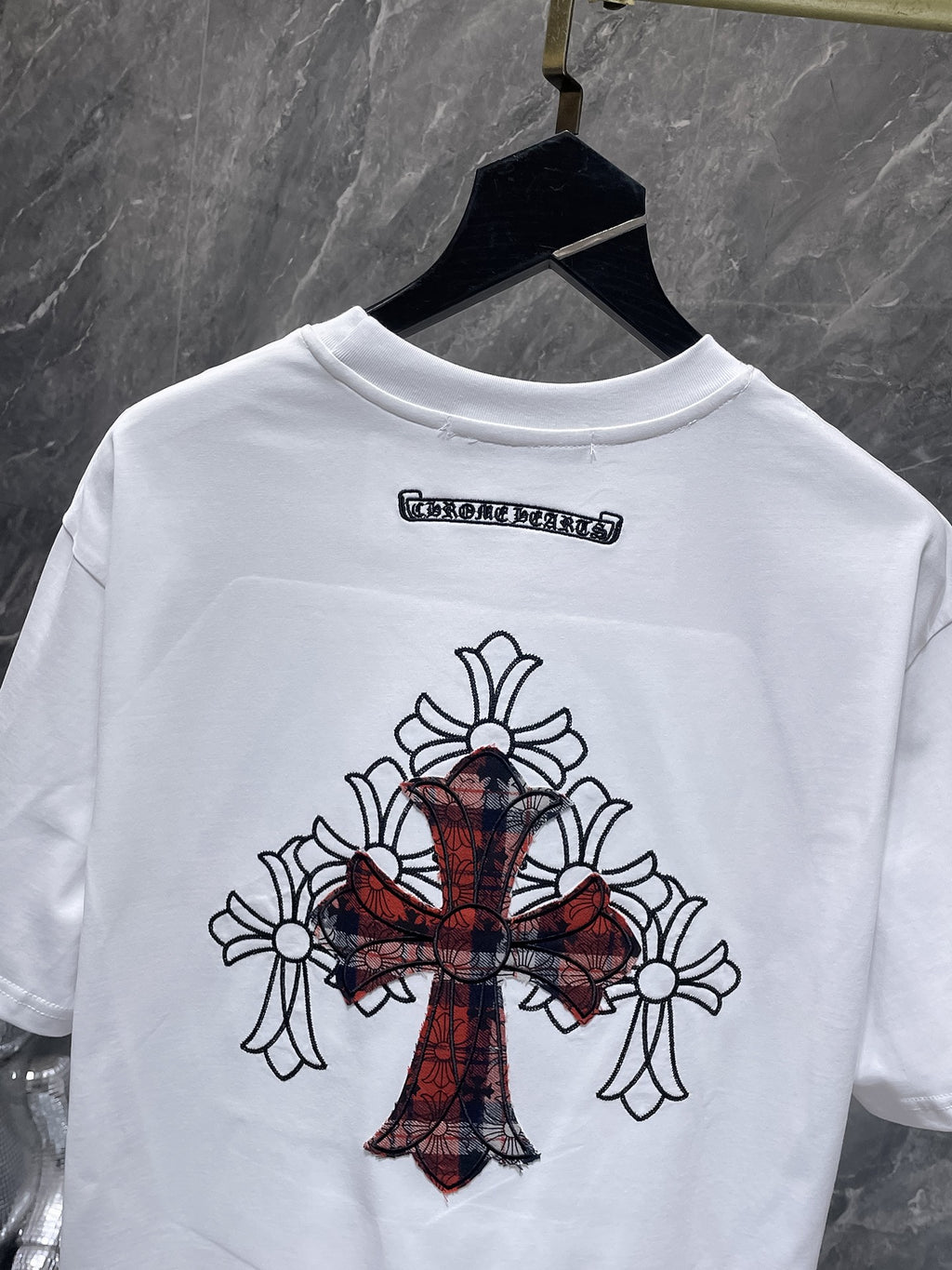 Red Plaid Layered Cross White T-Shirt™