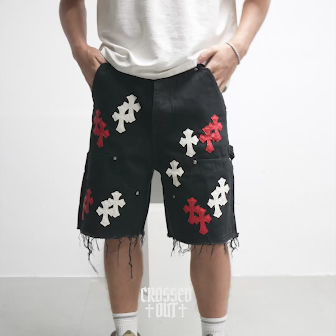 Red & White Cross Patch Black Jean Shorts™
