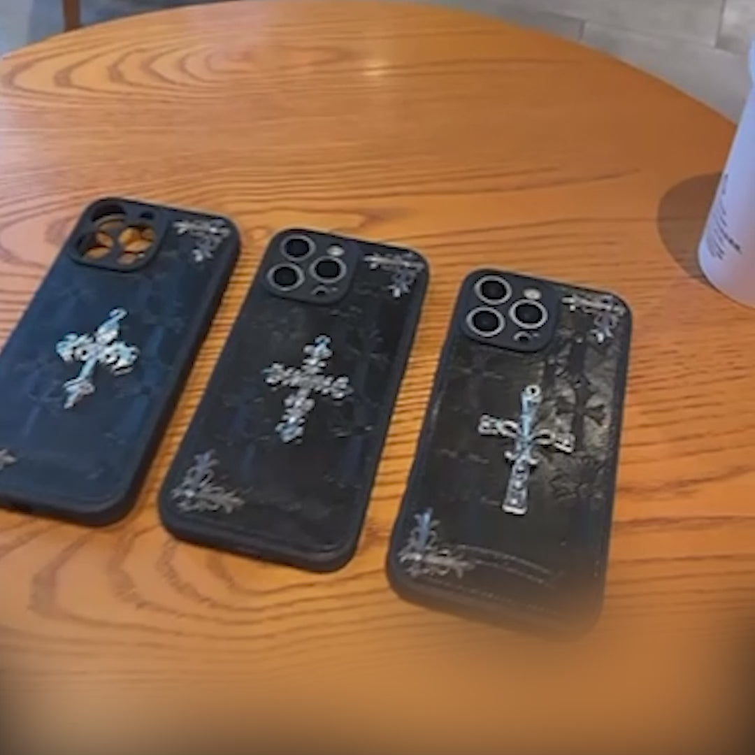 Metallic 3D Cross Black Leather Phone Case™
