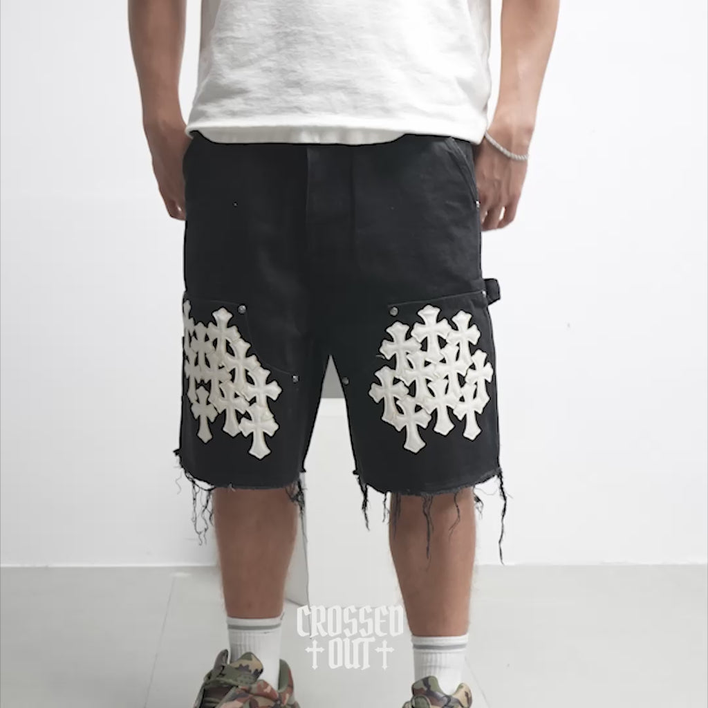 White Cross Patch Black Jean Shorts™