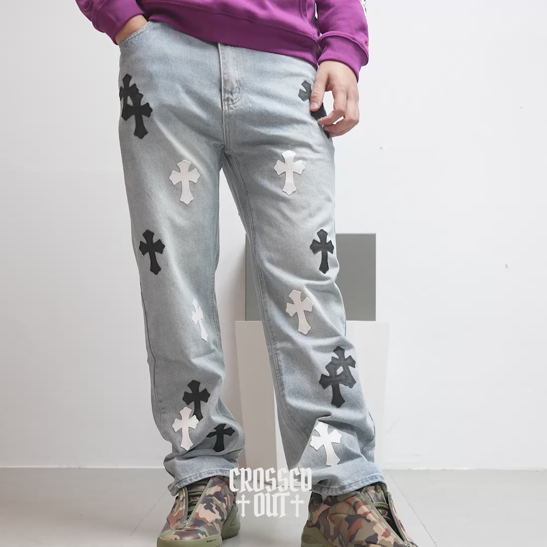 White & Black Cross Patch Light Denim Jeans™