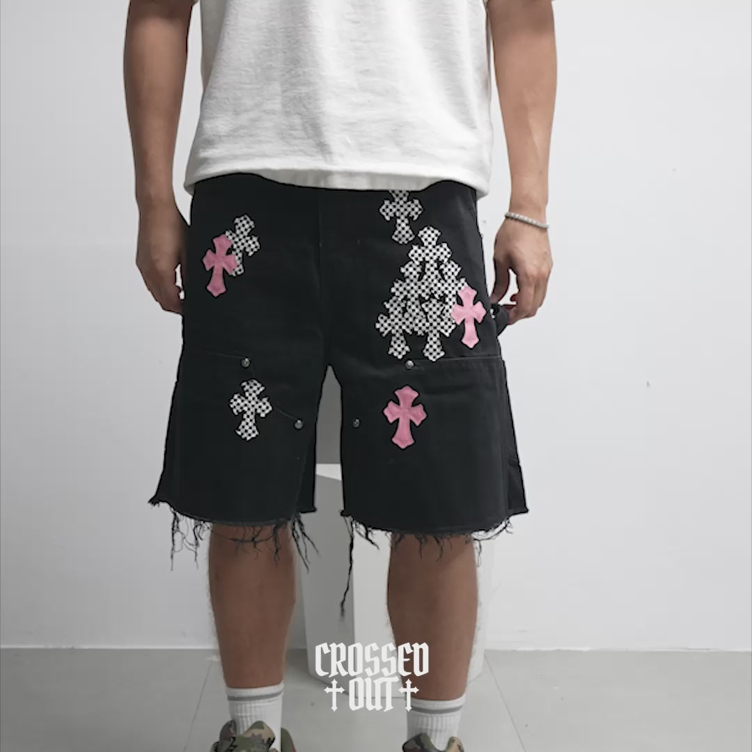 Pink & Checkered Cross Patch Black Denim Shorts™