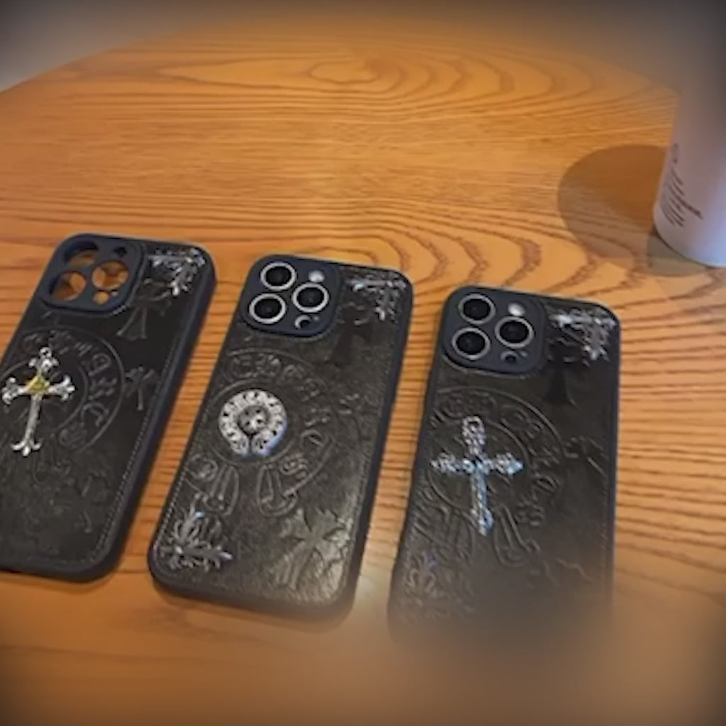 Metallic 3D Symbol Black Leather Phone Case™