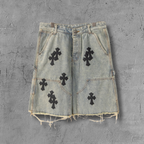 Black Cross Patch Light Denim Shorts™