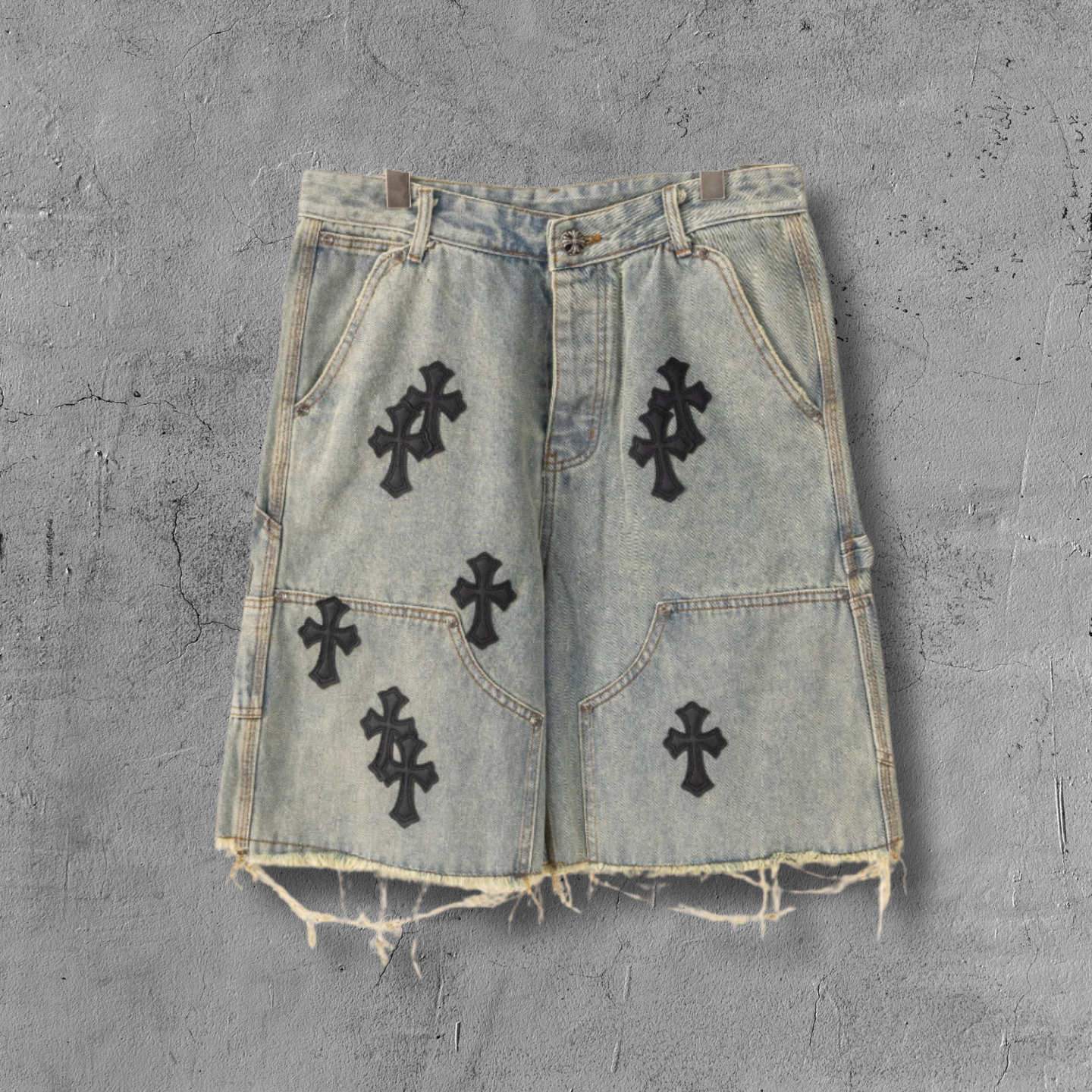 Black Cross Patch Light Denim Shorts™