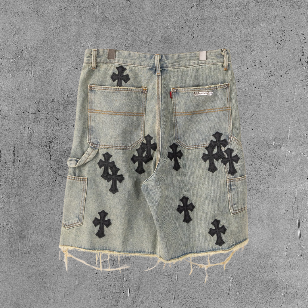 Black Cross Patch Light Denim Shorts™