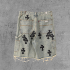 Black Cross Patch Light Denim Shorts™
