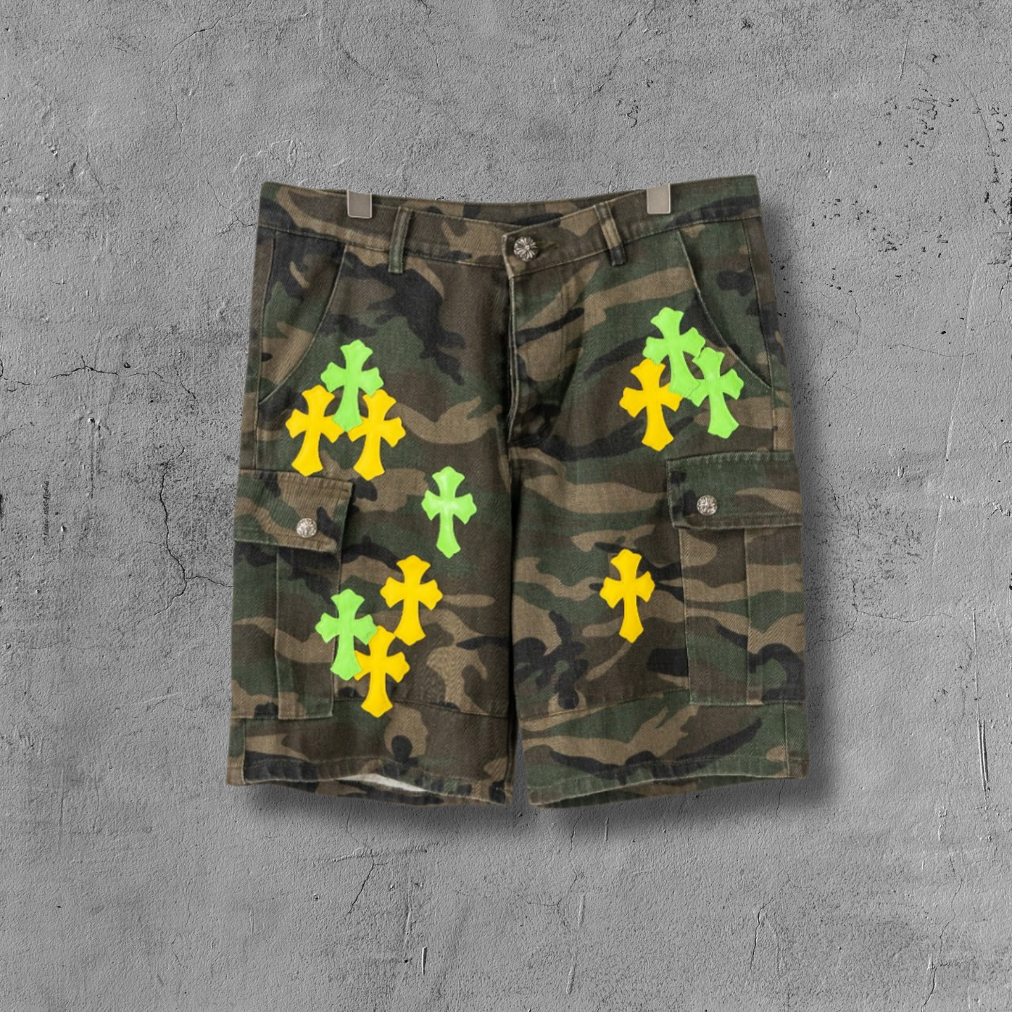 Yellow & Green Cross Patch Camo Shorts™