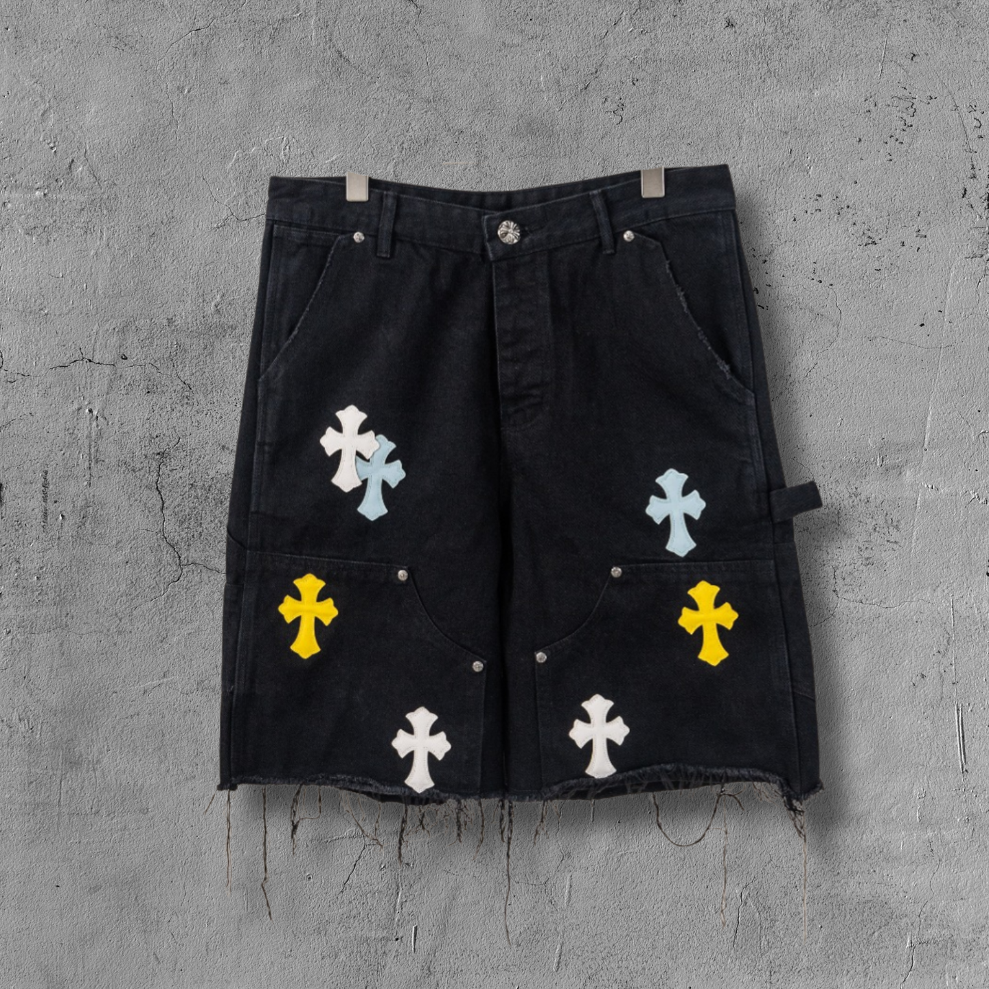 Yellow Blue White Cross Patch Black Jean Shorts™