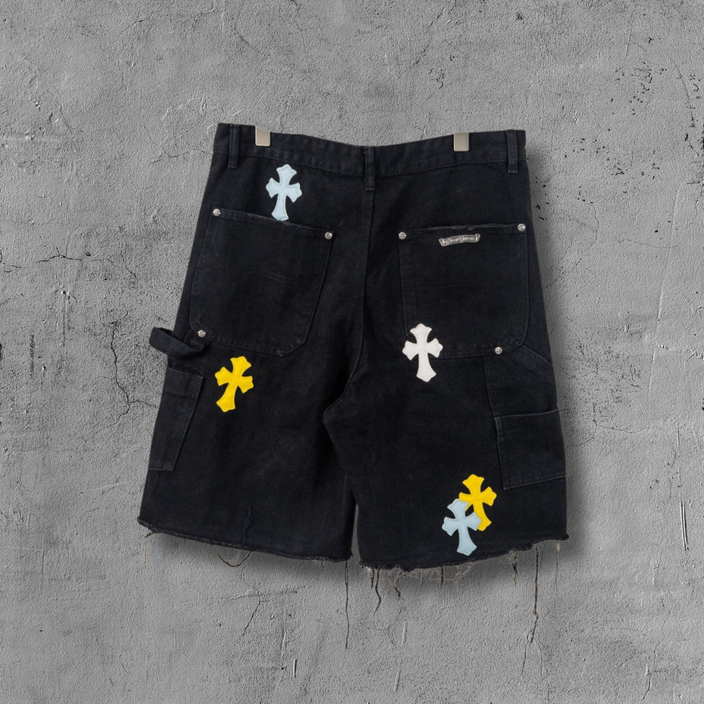 Yellow Blue White Cross Patch Black Jean Shorts™