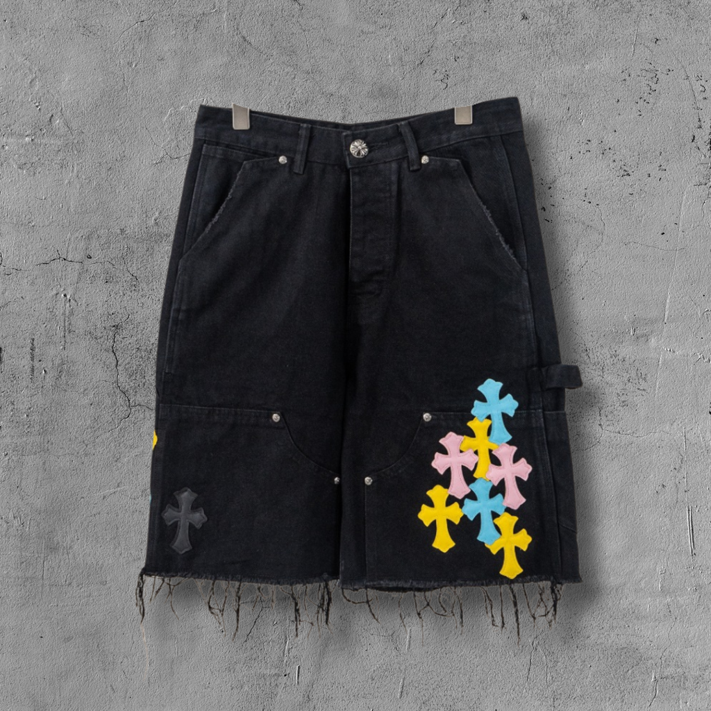 Yellow Blue Pink Cross Patch Black Jean Shorts™