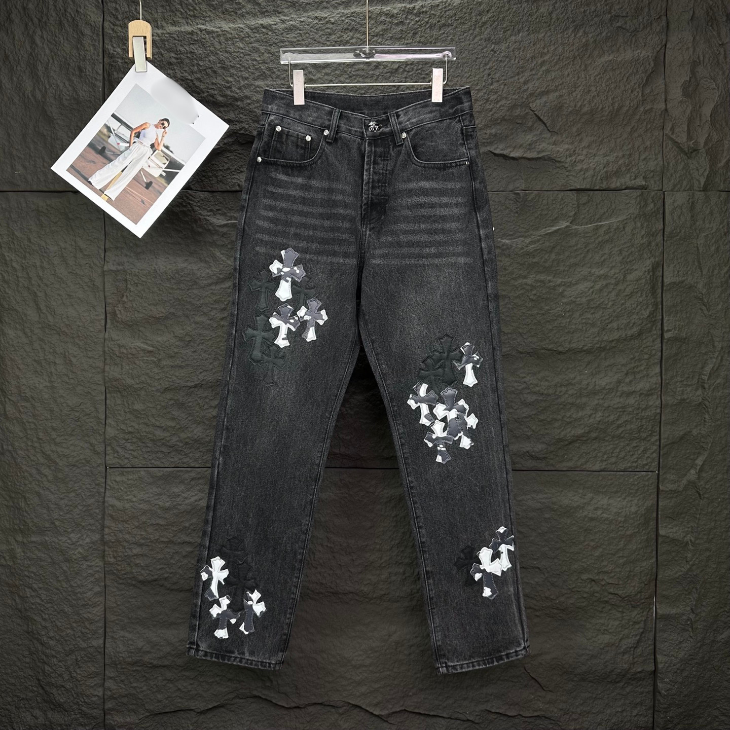 White & Black Camo Cross Patch Faded Black Jeans™